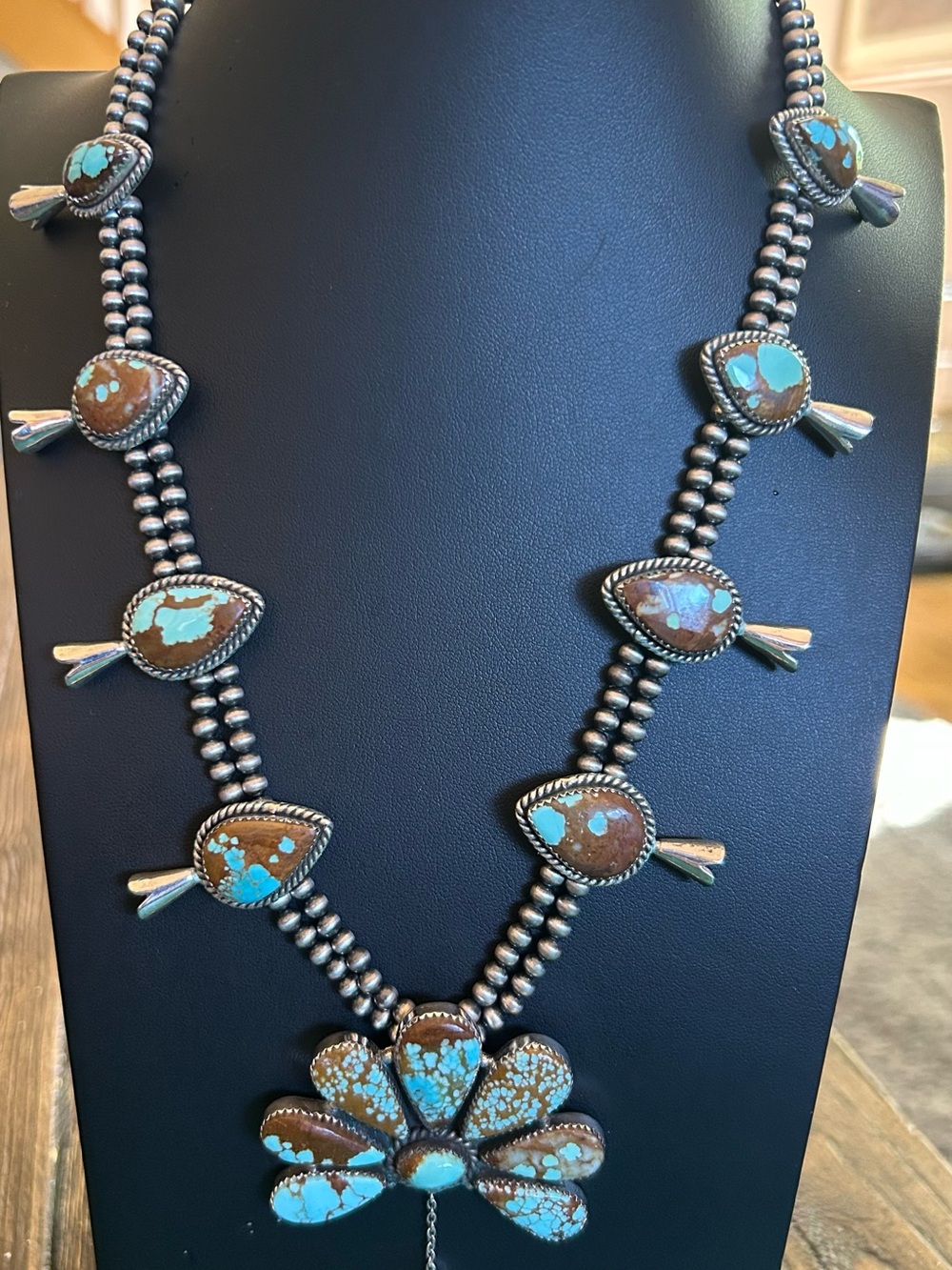 Number 8 Turquoise Sterling Silver Squash Blossom Necklace Southwest
